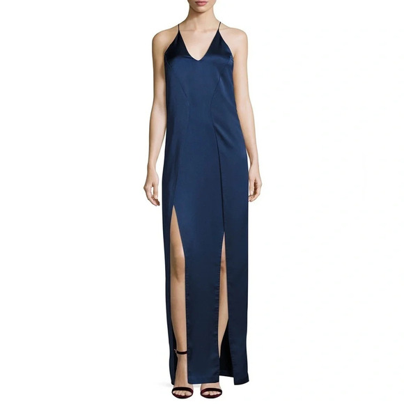 🏷️ NWT Halston Heritage Mesh Back V-Neck Satin Slip Evening Gown - Picture 4 of 13